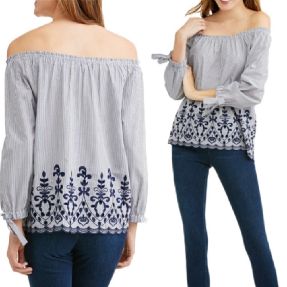 Time & Tru Chambray Embroidered Tie Sleeve Top L - Picture 9 of 9